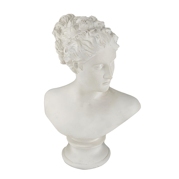 A white resin bust statue of a woman with flowing drapery, representing a mythological figure, intended for home decor.