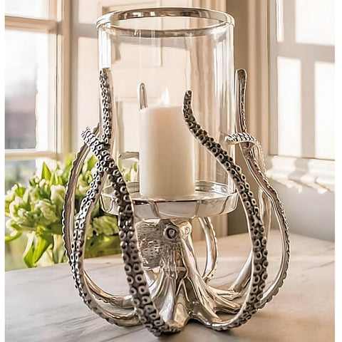Shiny Silver Plated & Glass top octopus hurricane pillar candle holder lantern home decor