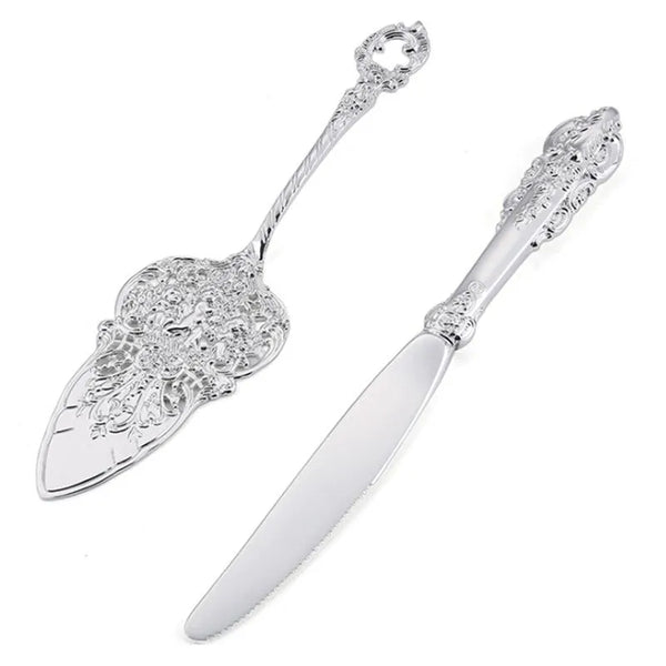 Wedding bridal engagement Cake Server & Knife Set stainless Steel blades in gift Box with bling silver classy crystal filled beads beaded handles and crystal diamante rhinestones crystalline filled beaded beads filigree ornate handles Handle Gift Box