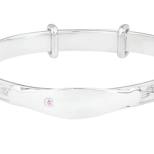 Sterling Silver Rhodium Plated Baby Adjustable ID Identity Name Bangle & Pink CZ