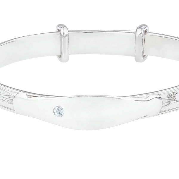 Sterling Silver Rhodium Plated Baby Adjustable ID Identity Name Bangle & Blue CZ