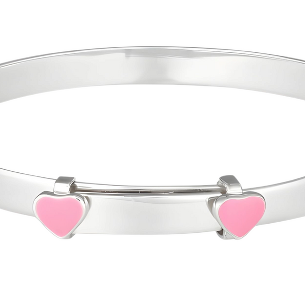 Sterling Silver Rhodium Plated Baby Girl Bangle & Pink Love Hearts