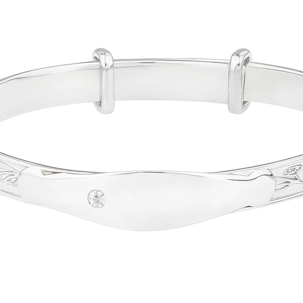 Sterling Silver Rhodium Plated Baby Adjustable ID Identity Name Bangle & White CZ