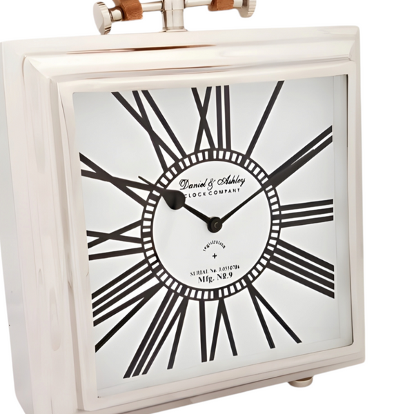 Large Silver Nickel Plated Daniel & Ashley Mantel Clock with Wooden Handle