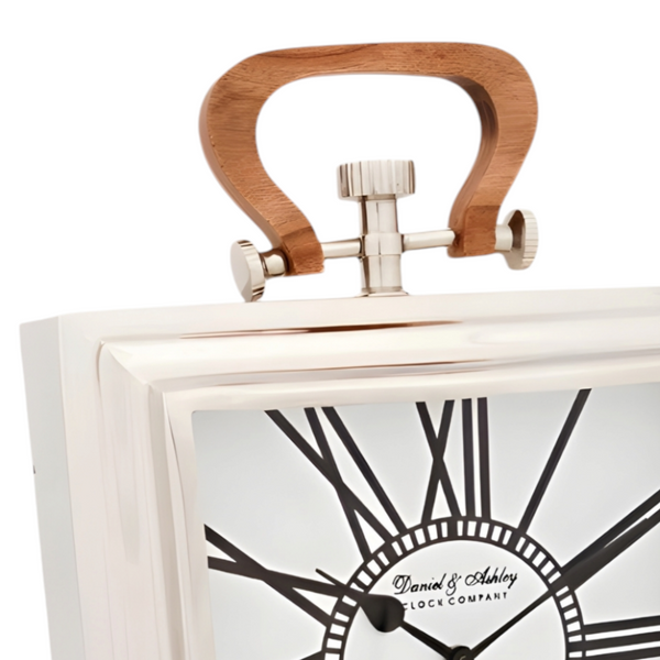 Large Silver Nickel Plated Daniel & Ashley Mantel Clock with Wooden Handle
