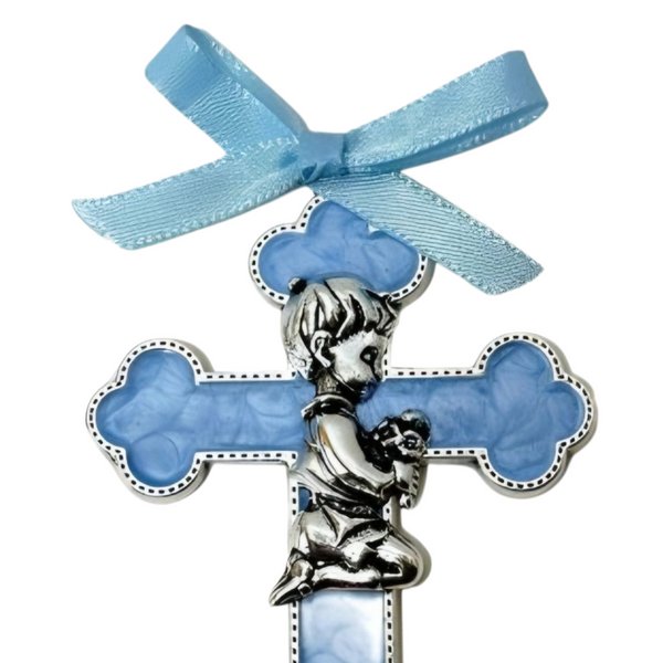 Blue Enamel & Silver Trim Baby Boy Religious Decorative Cross Charm