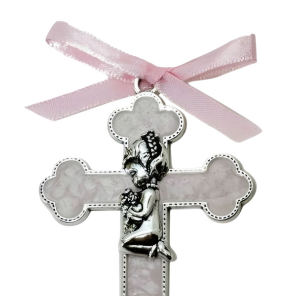 Pink Enamel & Silver Trim Baby Girl Religious Decorative Cross Charm