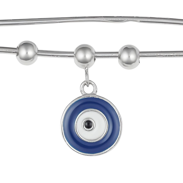 Sterling Silver Rhodium Plated Baby Pin & Blue Evil Eye Charm