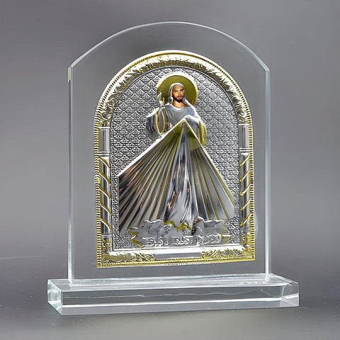 Catholic Gold & Silver Plated Divine Mercy Jesus Christ Glass Icon Plaque Stand
