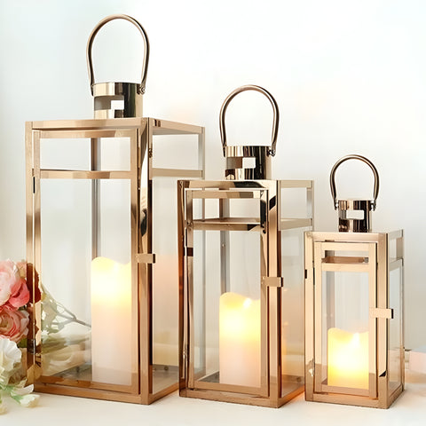Set 3 Large Rose Gold Decorative Hurricane Candle Holder Lantern & Top Handle