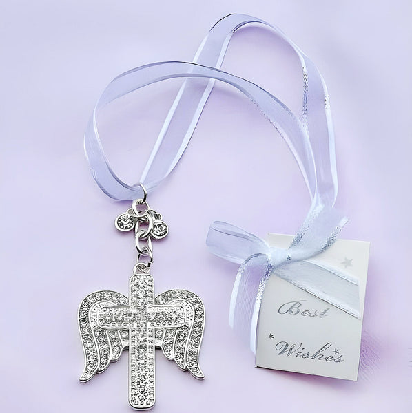 Silver Angel Wings & Cross with Crystal Diamantes Wedding Bridal Good Luck Charm