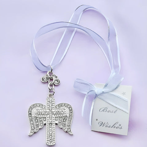 Silver Angel Wings & Cross with Crystal Diamantes Wedding Bridal Good Luck Charm