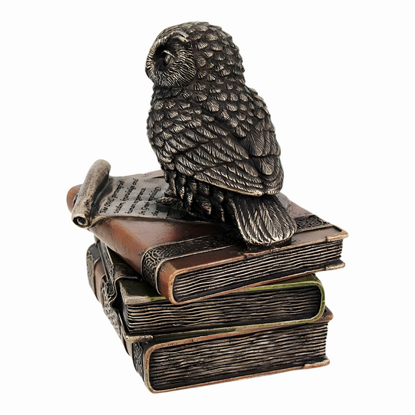 Veronese Bronze Scholar Wise Owl On Books Resin Trinket Box Figurine