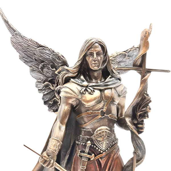 Veronese Bronze Archangel Gabriel Holding Cross Staff & Trumpet Mythology Resin Statue Figurine