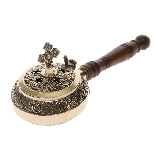 Orthodox Brass Metal Religious Incense Burner With Cross Top & Wooden Handle