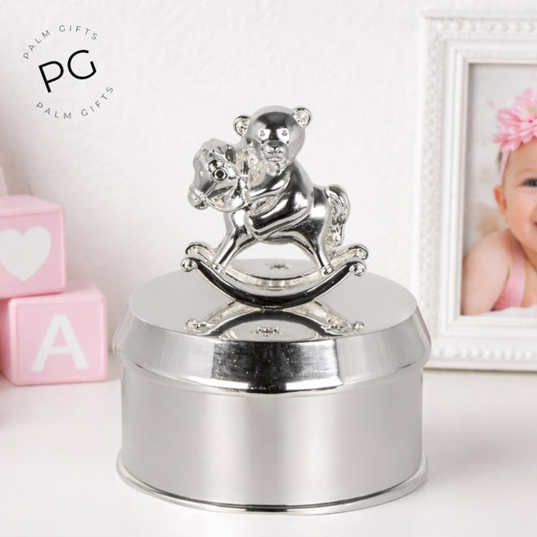 Children's Shiny Silver Plated Musical Teddy Bear & Stars Tabletop Ornament