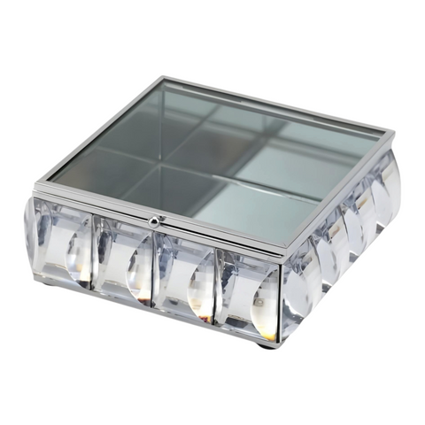 Silver Framed Square Mirrored Jewellery Box & Sparkling Bevelled Glass Crystal Jewels