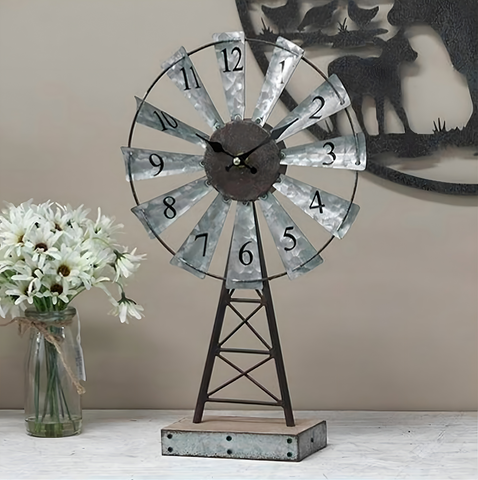 Galvanised Metal Windmill Table Clock On Base