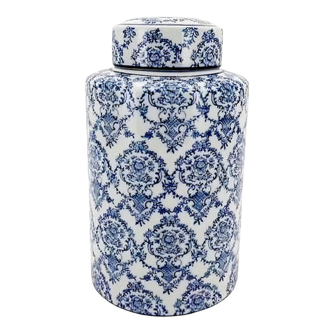 Blue & White Floral Decorative Tabletop Temple Jar