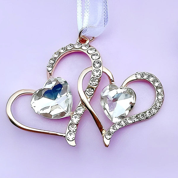 Gold Double Binding Love Hearts with Crystal Diamantes & Gems Wedding Bridal Good Luck Charm