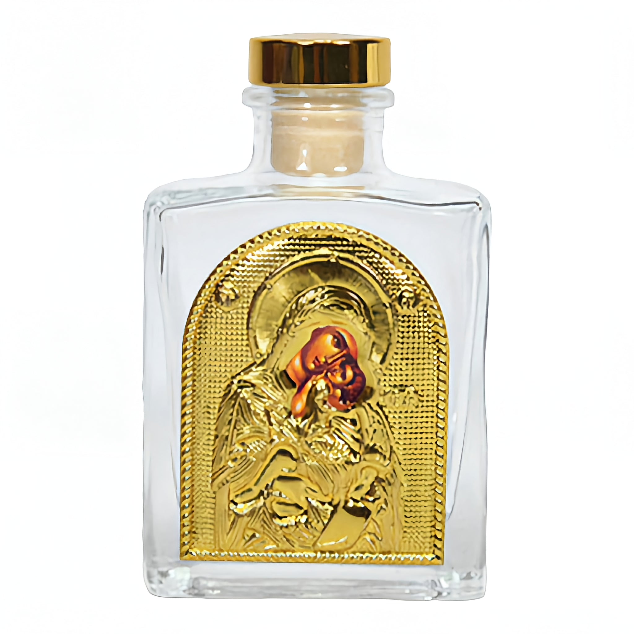 Orthodox Holy Mother Mary Icon Glass Bottle with Gold Lid