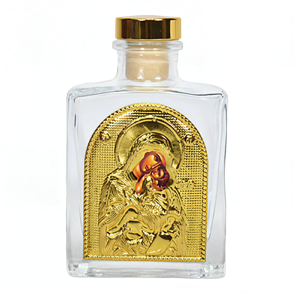 Orthodox Holy Mother Mary Icon Glass Bottle with Gold Lid