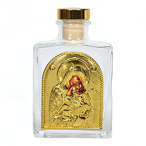 Orthodox Holy Mother Mary Glass Bottle with Gold Lid