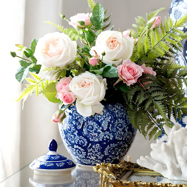 Hamptons Blue & White Floral Blossom Ceramic Decorative Ginger Temple Jar
