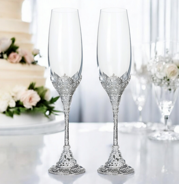 Set 2 Silver Royal Champagne Glass Flutes with Crystal Diamantes on Stems & Base