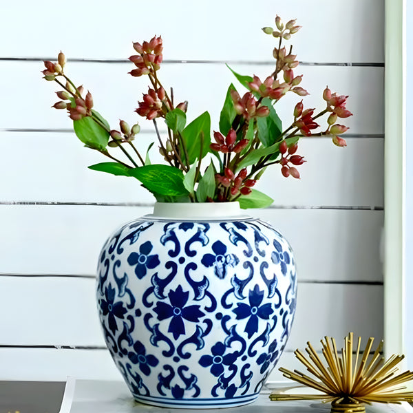 Hamptons Blue & White Floral Ceramic Decorative Ginger Temple Jar