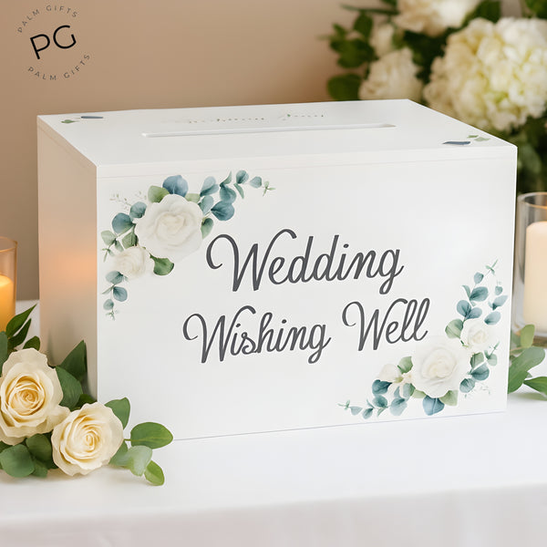 White Wooden Rectangle Floral Design Wedding Wishing Well Box