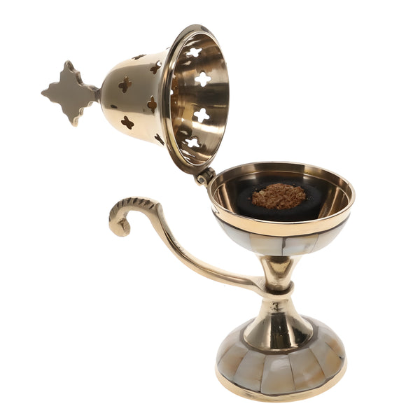 Orthodox Brass Metal & Mother Of Pearl Stone Religious Incense Burner With Cross Top & Handle