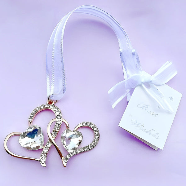 Gold Double Binding Love Hearts with Crystal Diamantes & Gems Wedding Bridal Good Luck Charm