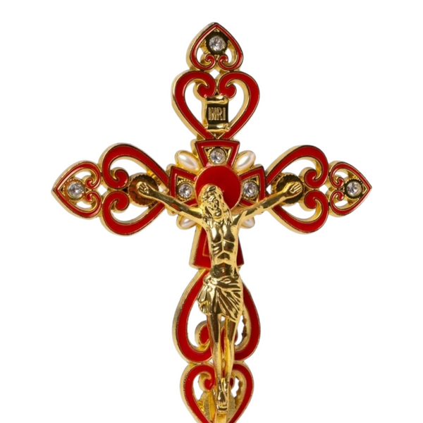 Red & Gold Chrome Plated Standing Religious Crucifix Cross