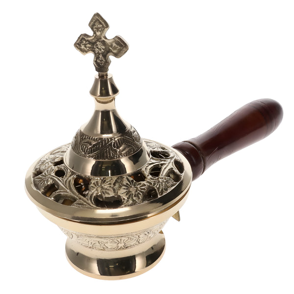 Orthodox Brass Metal Religious Incense Burner With Cross Top & Wooden Handle