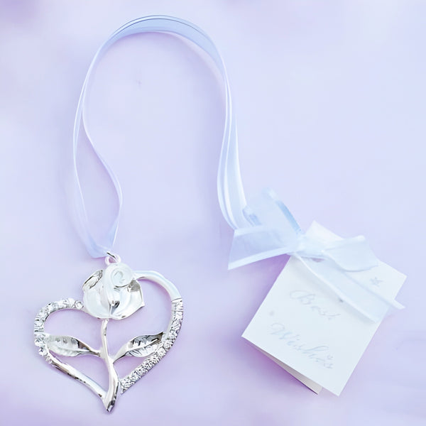 Silver Love Heart & Rose with Crystal Diamantes Wedding Bridal Good Luck Charm