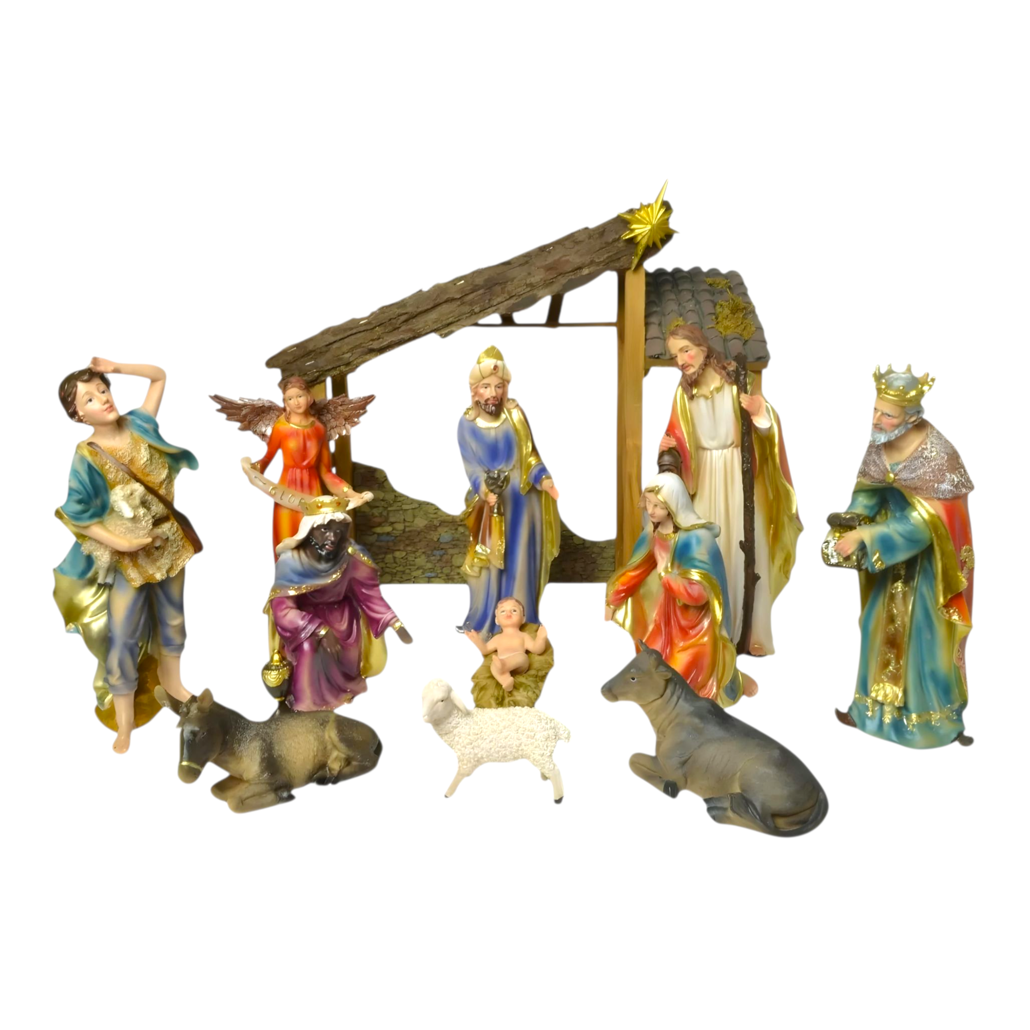 13 Piece Christmas Nativity Scene Colour Figurines & Stable Display Set- 32cm