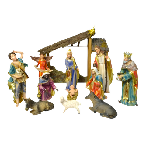 13 Piece Christmas Nativity Scene Colour Figurines & Stable Display Set- 32cm