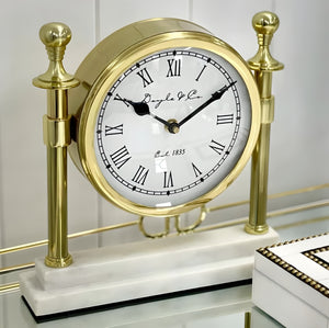 Gold Round Column Mantel Clock On White Marble Base