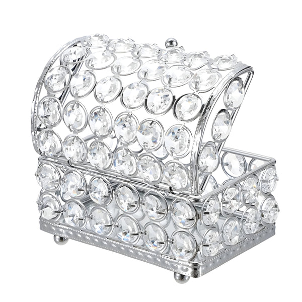Silver Treasure Chest Jewellery Box & Sparkling Bevelled Glass Crystal Jewels