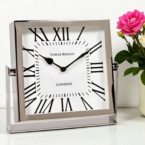 Silver Nickel Plated Square Tower Bridge Mantel Clock