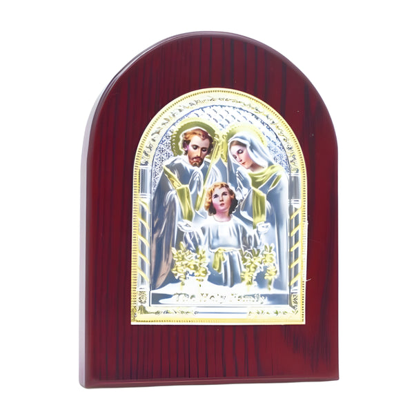 Catholic The Holy Family Icon On Red Wood Frame Plaque Stand
