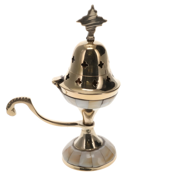 Orthodox Brass Metal & Mother Of Pearl Stone Religious Incense Burner With Cross Top & Handle