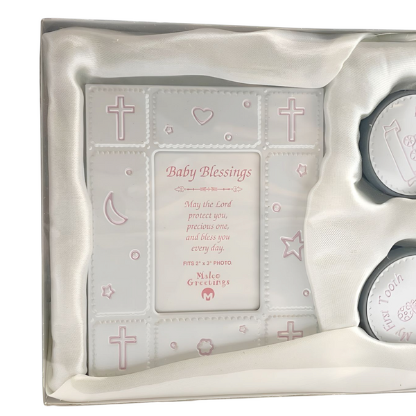 Set 3 Pink Baby Girl First Tooth, Curl & Blessings Photo Frame Keepsake In Satin Gift Box