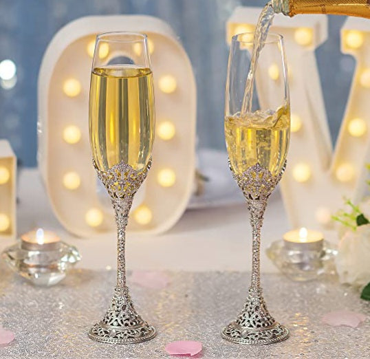 Set 2 Silver Royal Champagne Glass Flutes & Sparkling Crystal Diamante Stems & Base