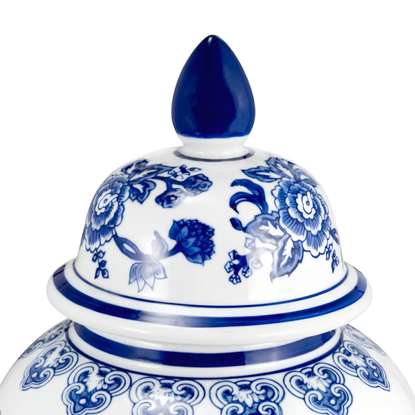 Large Blue & White Floral & Birds Decorative Tabletop Temple Jar