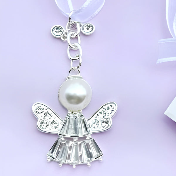 Silver Guardian Angel with Crystal Diamantes & Pearl Wedding Bridal Good Luck Charm