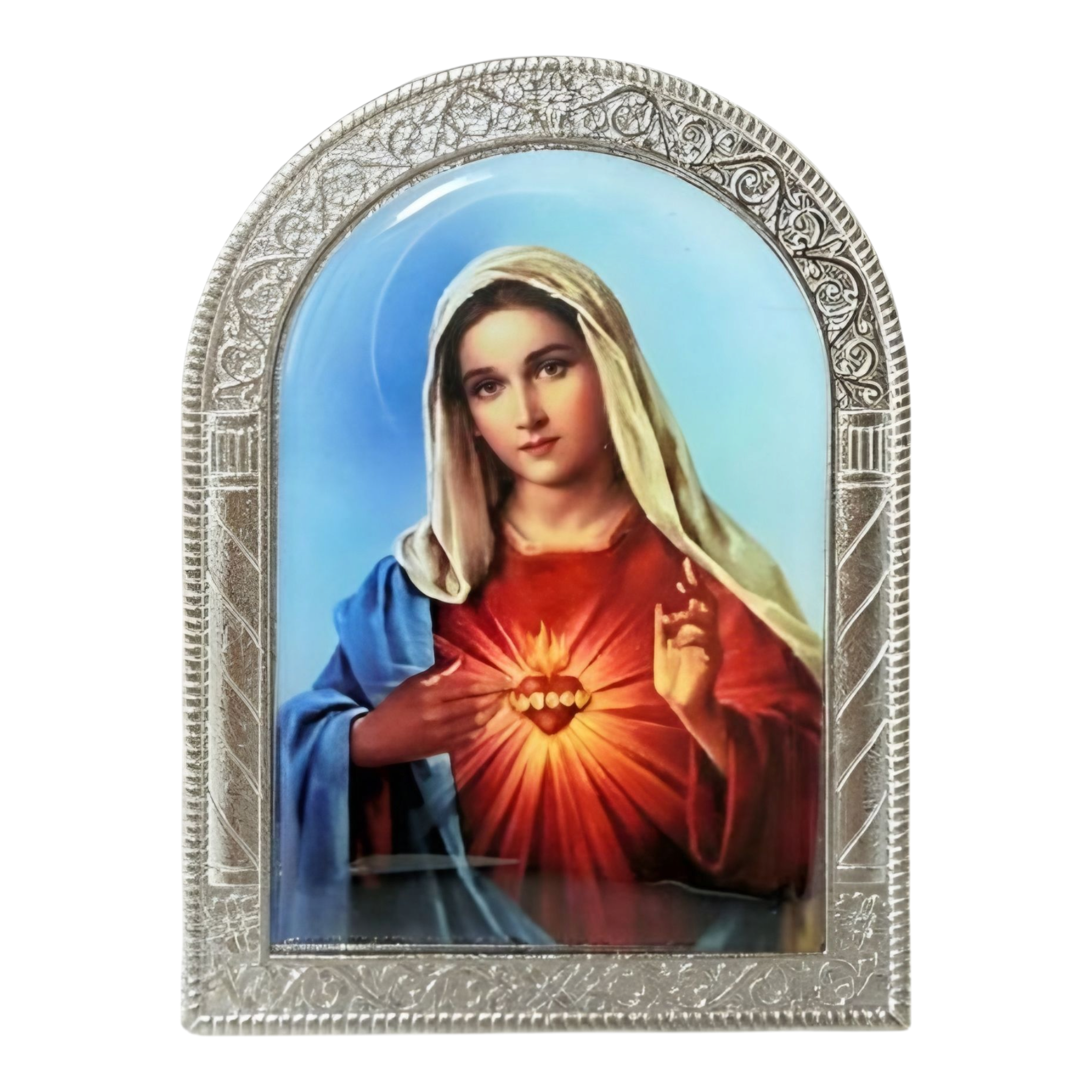 Catholic Silver Plated Sacred Heart Mother Mary Icon Plaque