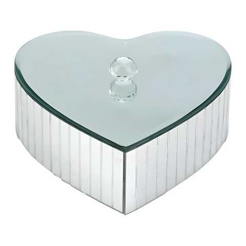 Silver Plated Heart Shape Mirrored Jewellery Box & Bevelled Glass Panels