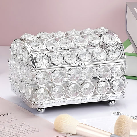 Silver Treasure Chest Jewellery Box & Sparkling Bevelled Glass Crystal Jewels